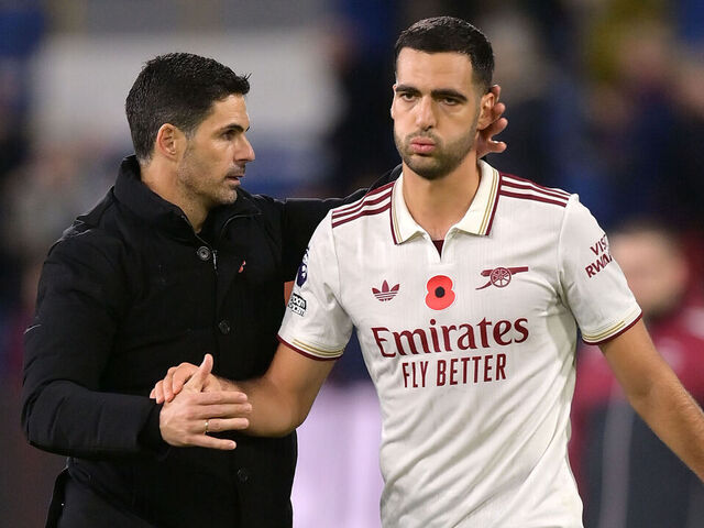 Arsenal manager Mikel Arteta (left) and player Mikel Merino after the final whistle in the Premier League match at Turf Moor, Burnley. Picture date: Saturday November 1, 2025.