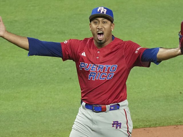 MIAMI, FLORIDA - MARCH 15: Edwin Diaz #39 of Puerto Rico celebrates after the final out in the ninth inning of the World Baseball Classic Pool D of the game against the Dominican Republic at loanDepot park on March 15, 2023 in Miami, Florida.