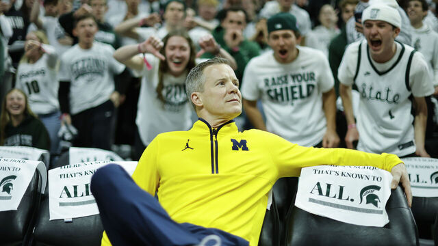 EAST LANSING, MICHIGAN - JANUARY 30: Head coach Dusty May of the Michigan Wolverines looks on during warm ups before a game against the Michigan State Spartans at Breslin Center on January 30, 2026 in East Lansing, Michigan.