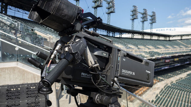 DETROIT, MI - JUNE 24: A tv broadcast camera is pictured before the MLB baseball game between the Philadelphia Phillies Sox and the Detroit Tigers on June 24, 2024 at Comerica Park in Detroit, Michigan.