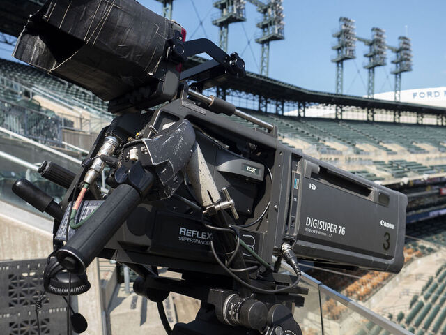 DETROIT, MI - JUNE 24: A tv broadcast camera is pictured before the MLB baseball game between the Philadelphia Phillies Sox and the Detroit Tigers on June 24, 2024 at Comerica Park in Detroit, Michigan.