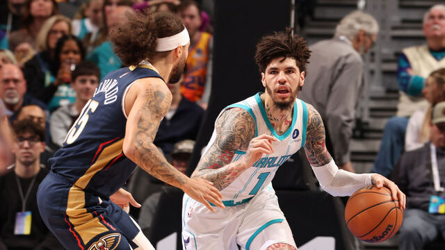 CHARLOTTE, NC - FEBRUARY 2: LaMelo Ball #1 of the Charlotte Hornets looks to pass the ball during the game against the New Orleans Pelicans on February 2, 2026 at Spectrum Center in Charlotte, North Carolina. Mandatory Copyright Notice: Copyright 2026 NBAE