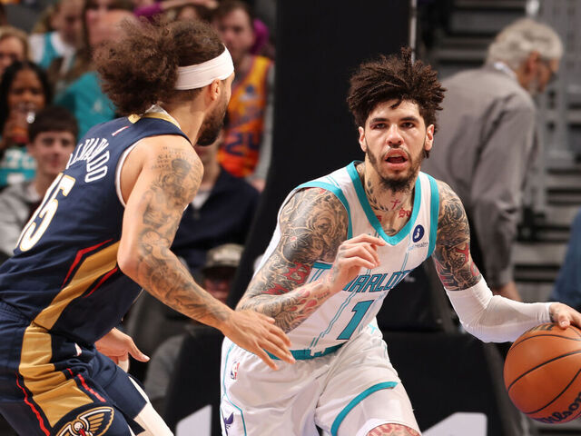 CHARLOTTE, NC - FEBRUARY 2: LaMelo Ball #1 of the Charlotte Hornets looks to pass the ball during the game against the New Orleans Pelicans on February 2, 2026 at Spectrum Center in Charlotte, North Carolina. Mandatory Copyright Notice: Copyright 2026 NBAE