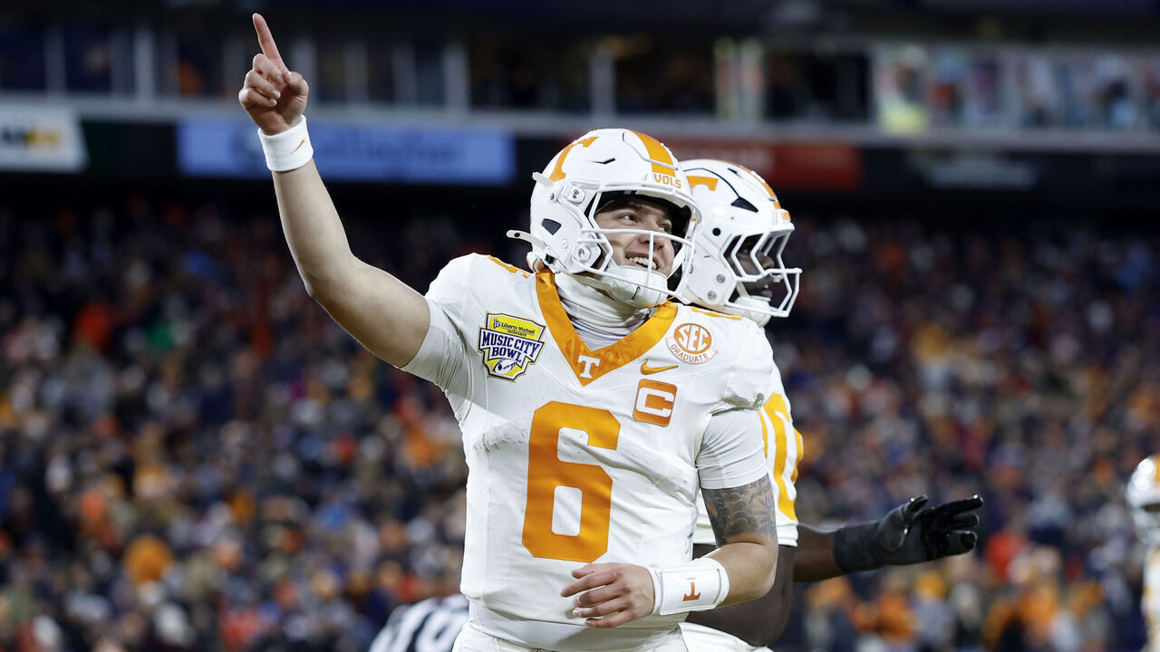 NASHVILLE, TN - DECEMBER 30: Tennessee Volunteers quarterback Joey Aguilar (6) celebrates scoring a touchdown during the Liberty Mutual Music City Bowl between the Tennessee Volunteers and Illinois Fighting Illini, December 30, 2025, at Nissan Stadium in Nashville, Tennessee.