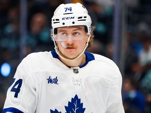 SEATTLE, WA - JANUARY 29: Forward Bobby McMann #74 of the Toronto Maple Leafs looks on during a game between the Toronto Maple Leafs and Seattle Kraken on January 29, 2026 at Climate Pledge Arena in Seattle, Washington.