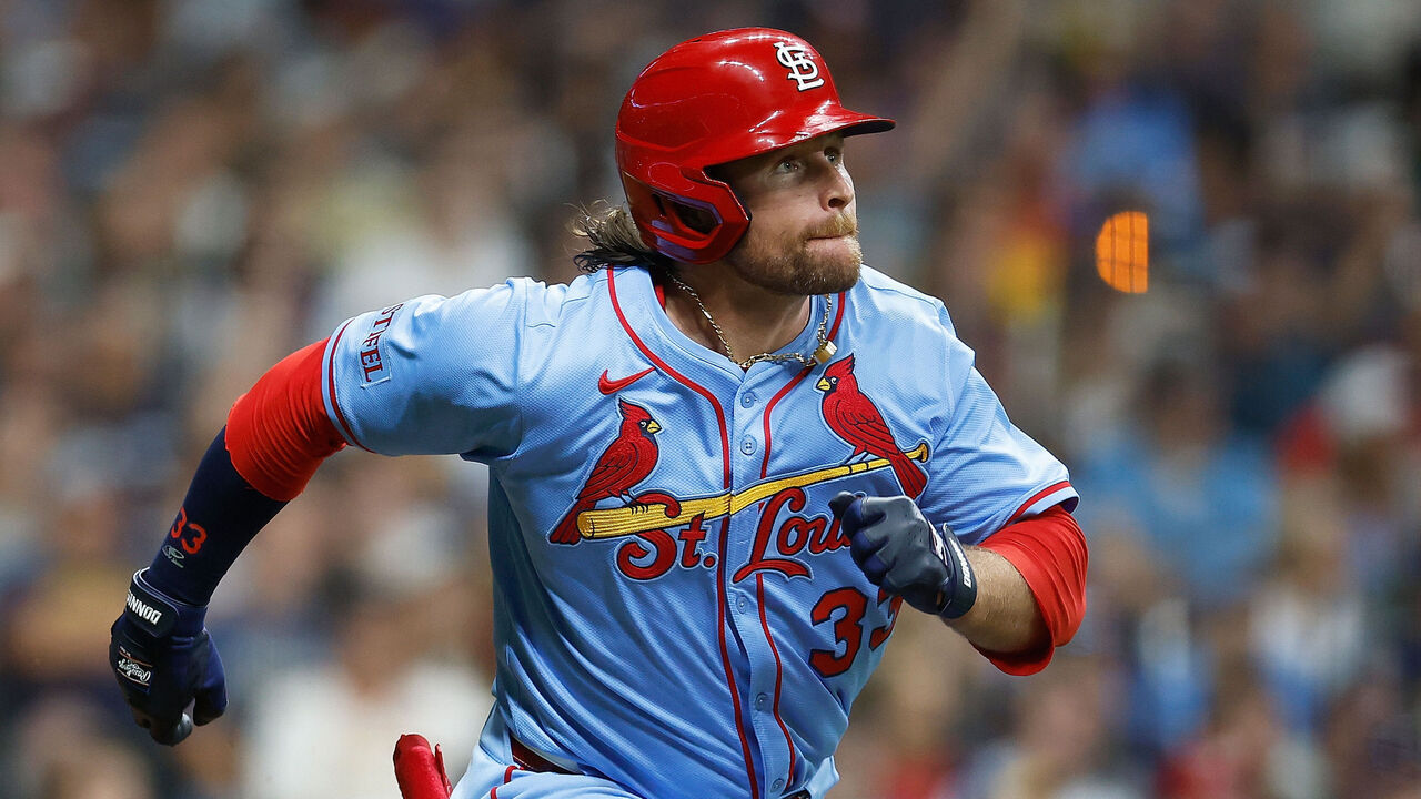 MILWAUKEE, WISCONSIN - SEPTEMBER 13: Brendan Donovan #33 of St. Louis Cardinals hits a solo home run in the third inning against the Milwaukee Brewers at American Family Field on September 13, 2025 in Milwaukee, Wisconsin.
