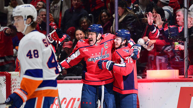 WASHINGTON, DC - FEBRUARY 02: Capitals left wing Alexander Alex Ovechkin (8) and left wing Anthony Beauvillier (72) celebrate after Beauvillier's second period goal during the New York Islanders versus Washington Capitals National Hockey League game on February 2, 2026 at Capital One Arena in Washington, D.C..