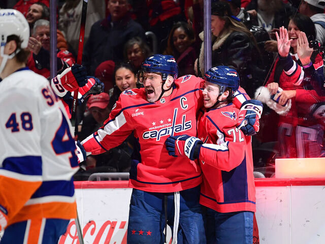 WASHINGTON, DC - FEBRUARY 02: Capitals left wing Alexander Alex Ovechkin (8) and left wing Anthony Beauvillier (72) celebrate after Beauvillier's second period goal during the New York Islanders versus Washington Capitals National Hockey League game on February 2, 2026 at Capital One Arena in Washington, D.C..