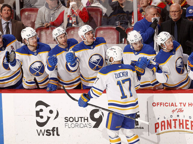 SUNRISE, FLORIDA - FEBRUARY 2: Jason Zucker #17 of the Buffalo Sabres celebrates his power play goal with teammates during the third period against the Florida Panthers at the Amerant Bank Arena on February 2, 2026 in Sunrise, Florida.