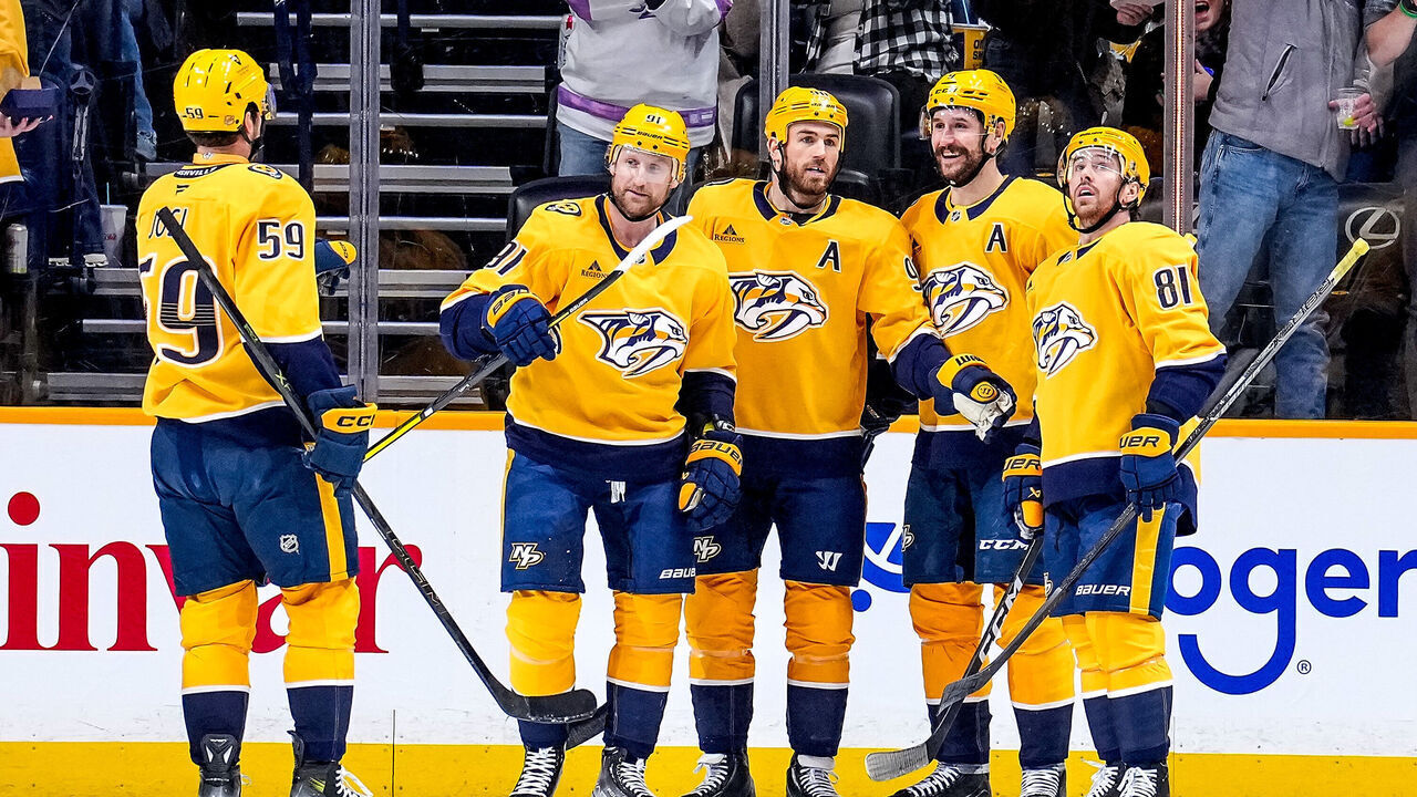 NASHVILLE, TENNESSEE - FEBRUARY 2: Ryan O'Reilly #90 celebrates his goal with Filip Forsberg #9, Jonathan Marchessault #81, Steven Stamkos #91 and Roman Josi #59 of the Nashville Predators against the St. Louis Blues during an NHL game at Bridgestone Arena on February 2, 2026 in Nashville, Tennessee.