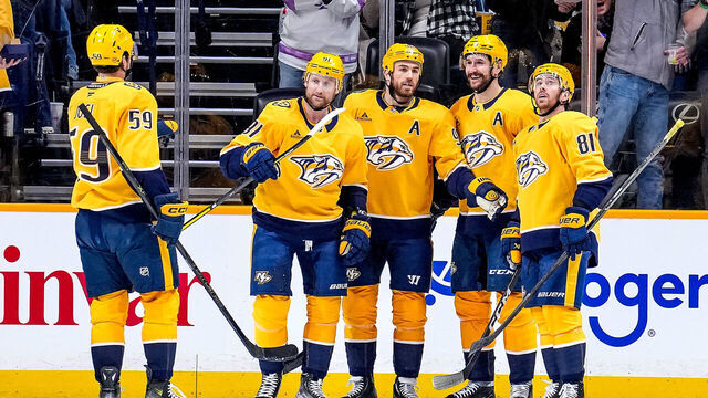 NASHVILLE, TENNESSEE - FEBRUARY 2: Ryan O'Reilly #90 celebrates his goal with Filip Forsberg #9, Jonathan Marchessault #81, Steven Stamkos #91 and Roman Josi #59 of the Nashville Predators against the St. Louis Blues during an NHL game at Bridgestone Arena on February 2, 2026 in Nashville, Tennessee.