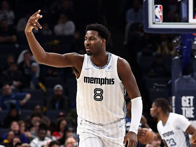 MEMPHIS, TENNESSEE - FEBRUARY 02: Jaren Jackson Jr. #8 of the Memphis Grizzlies reacts during the second half \T at FedExForum on February 02, 2026 in Memphis, Tennessee.