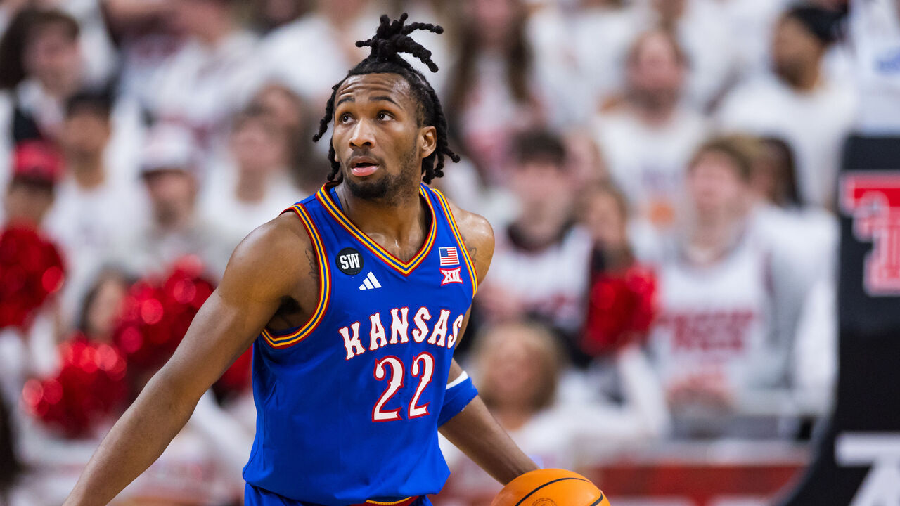 LUBBOCK, TEXAS - FEBRUARY 02: Darryn Peterson #22 of the Kansas Jayhawks handles the ball during the first half of the game against the Texas Tech Red Raiders at United Supermarkets Arena on February 02, 2026 in Lubbock, Texas.