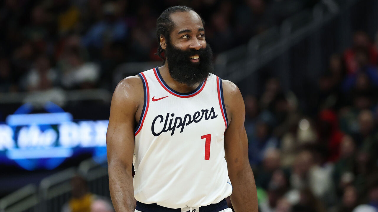 MILWAUKEE, WISCONSIN - FEBRUARY 20: James Harden #1 of the LA Clippers walks backcourt during a game against the Milwaukee Bucks at Fiserv Forum on February 20, 2025 in Milwaukee, Wisconsin.