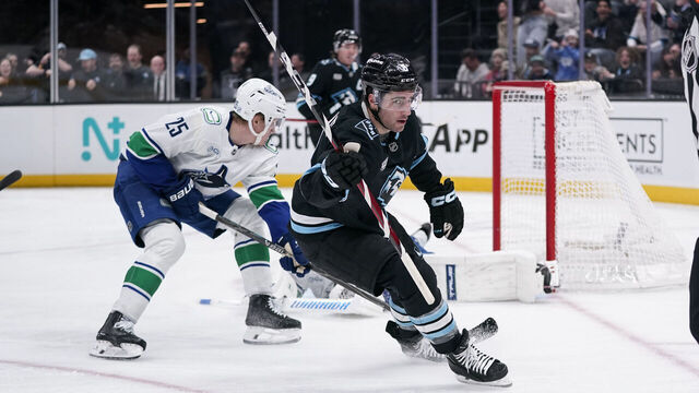 SALT LAKE CITY, UT - FEBRUARY 02: Nick Schmaltz #8 of the Utah Mammoth scores a third period goal during an NHL game between the Vancouver Canucks and the Utah Mammoth on February 2, 2026 at the Delta Center in Salt Lake City, UT.