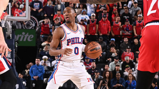 INGLEWOOD, CA - FEBRUARY 2: Tyrese Maxey #0 of the Philadelphia 76ers dribbles the ball during the game against the LA Clippers on February 2, 2026 at Intuit Dome in Los Angeles, California. NOTE TO USER: User expressly acknowledges and agrees that, by downloading and/or using this Photograph, user is consenting to the terms and conditions of the Getty Images License Agreement. Mandatory Copyright Notice: Copyright 2026 NBAE