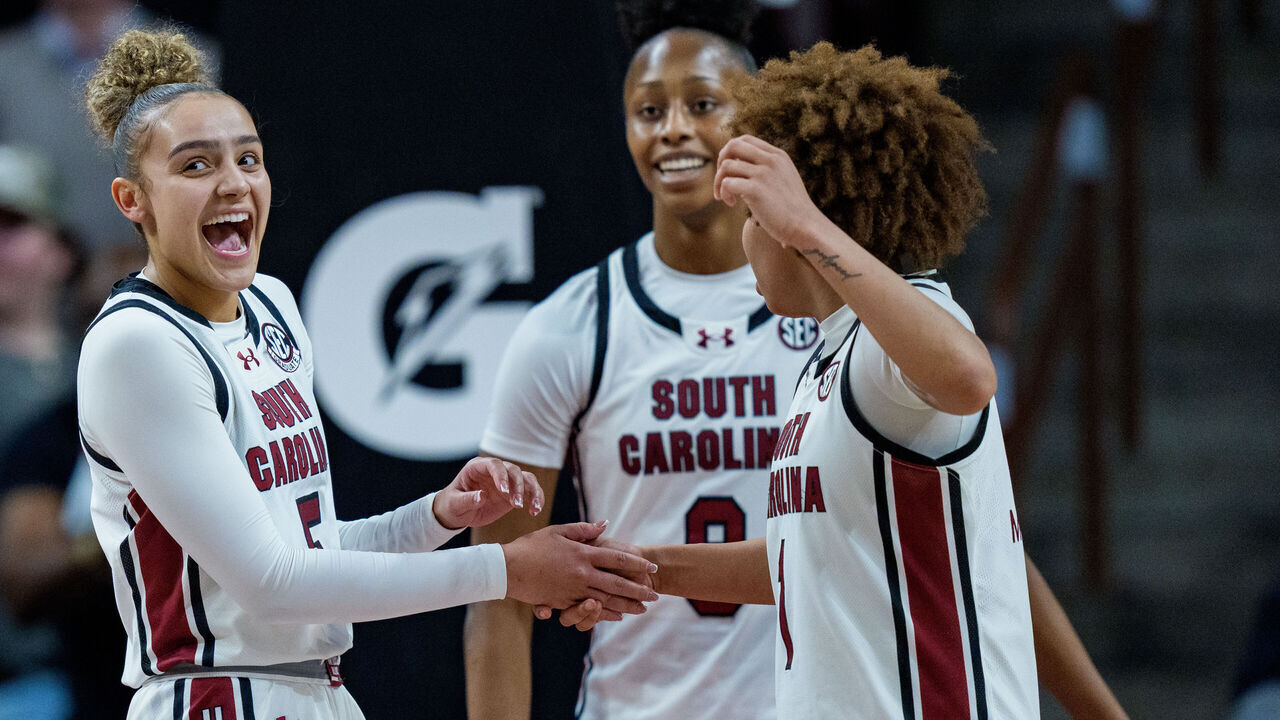 COLUMBIA, SOUTH CAROLINA - JANUARY 25: (L-R) Tessa Johnson #5, Joyce Edwards #8, and Maddy McDaniel #1 of the South Carolina Gamecocks react in the second half against the Vanderbilt Commodores during their game at Colonial Life Arena on January 25, 2026 in Columbia, South Carolina.