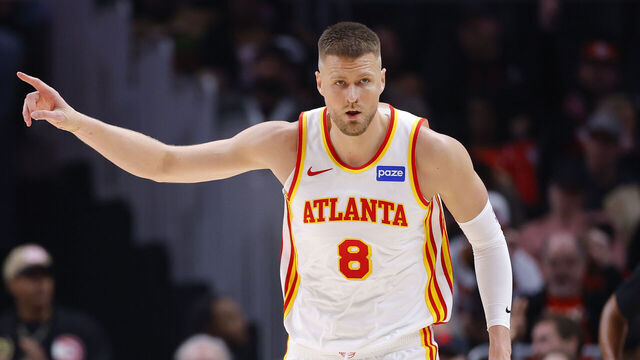 ATLANTA, GEORGIA - JANUARY 7: Kristaps Porzingis #8 of the Atlanta Hawks reacts during the first quarter against the New Orleans Pelicans at State Farm Arena on January 7, 2026 in Atlanta, Georgia.