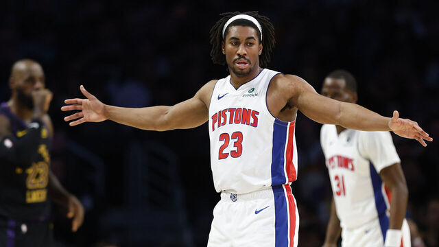 LOS ANGELES, CALIFORNIA - DECEMBER 30: Jaden Ivey #23 of the Detroit Pistons on court against the Los Angeles Lakers in the first half at Crypto.com Arena on December 30, 2025 in Los Angeles, California.