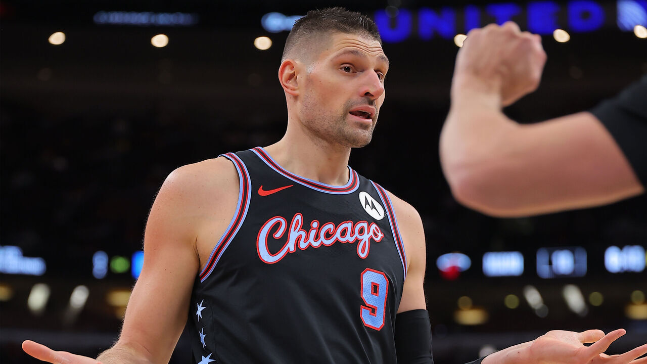 CHICAGO, IL - JANUARY 29: Nikola Vucevic #9 of the Chicago Bulls reacts after a play during the first half against the Miami Heat on January 29, 2026 at the United Center in Chicago, Illinois.