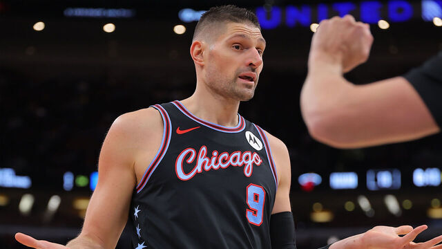 CHICAGO, IL - JANUARY 29: Nikola Vucevic #9 of the Chicago Bulls reacts after a play during the first half against the Miami Heat on January 29, 2026 at the United Center in Chicago, Illinois.