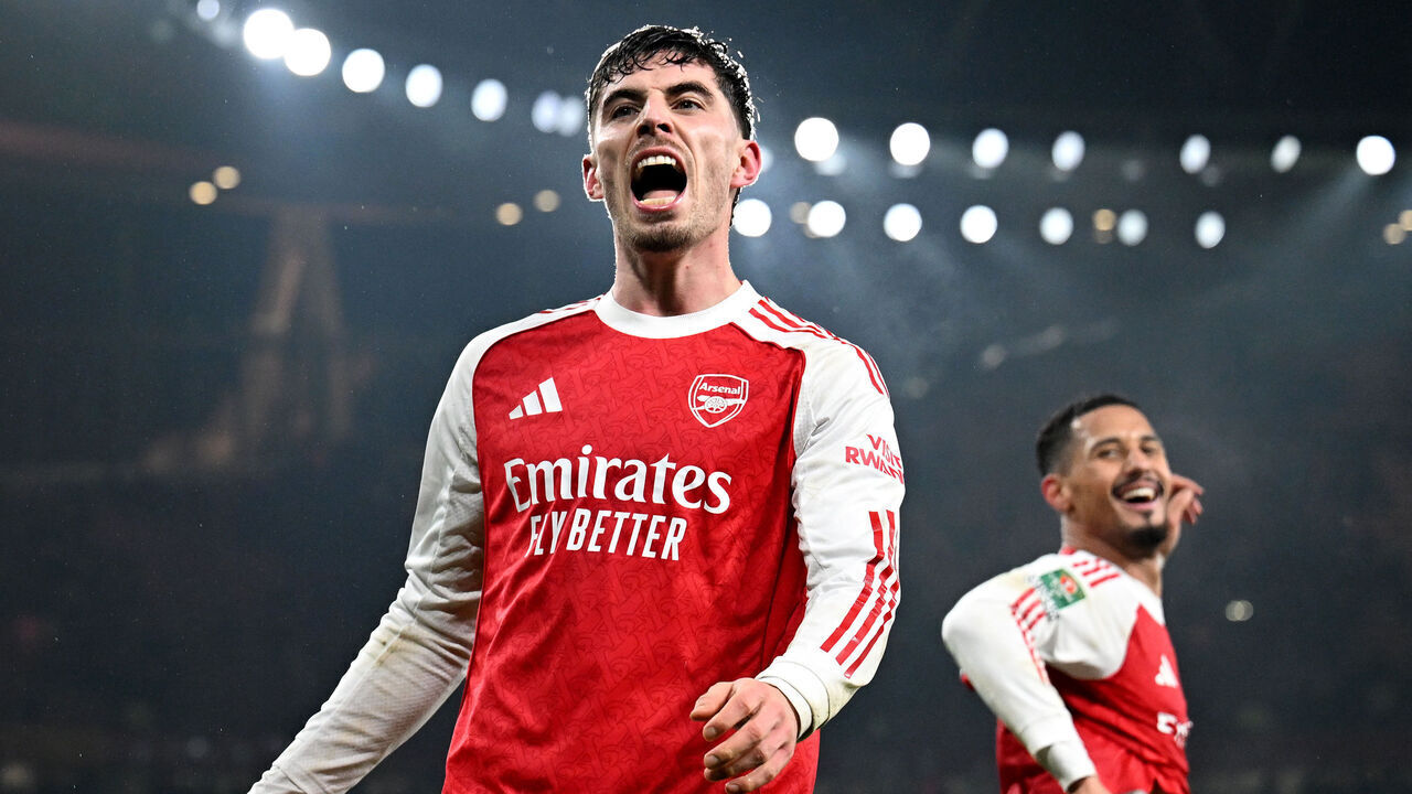 LONDON, ENGLAND - FEBRUARY 03: Kai Havertz of Arsenal celebrates scoring his team's first goal with teammate William Saliba during the Carabao Cup Semi Final Second Leg match between Arsenal and Chelsea at Emirates Stadium on February 03, 2026 in London, England.