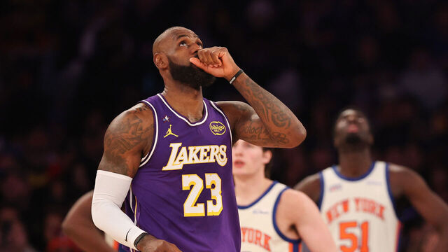 NEW YORK, NEW YORK - FEBRUARY 01: LeBron James #23 of the Los Angeles Lakers reacts during the second quarter against the New York Knicks at Madison Square Garden on February 01, 2026 in New York City.
