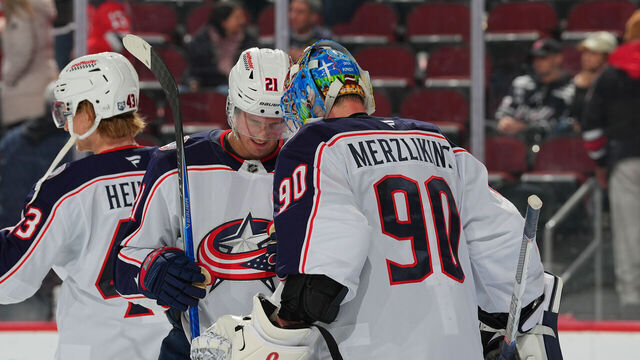 NEWARK, NJ - FEBRUARY 03: Elvis Merzlikins #90 of the Columbus Blue Jackets celebrates with teammates the win in the game against the New Jersey Devils on February 3, 2026 at the Prudential Center in Newark, New Jersey.