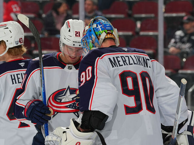 NEWARK, NJ - FEBRUARY 03: Elvis Merzlikins #90 of the Columbus Blue Jackets celebrates with teammates the win in the game against the New Jersey Devils on February 3, 2026 at the Prudential Center in Newark, New Jersey.