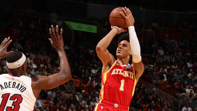 MIAMI, FL - FEBRUARY 3: Jalen Johnson #1 of the Atlanta Hawks shoots the ball during the game against the Miami Heat on February 3, 2026 at Kaseya Center in Miami, Florida. Mandatory Copyright Notice: Copyright 2026 NBAE
