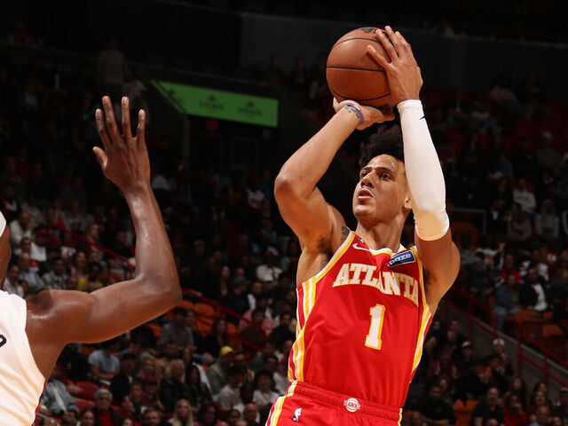 MIAMI, FL - FEBRUARY 3: Jalen Johnson #1 of the Atlanta Hawks shoots the ball during the game against the Miami Heat on February 3, 2026 at Kaseya Center in Miami, Florida. Mandatory Copyright Notice: Copyright 2026 NBAE