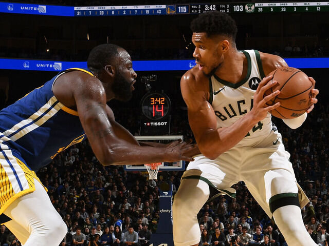 SAN FRANCISCO, CA - JANUARY 7: Giannis Antetokounmpo #34 of the Milwaukee Bucks is guarded by Draymond Green #23 of the Golden State Warriors on January 7, 2026 at Chase Center in San Francisco, California. NOTE TO USER: User expressly acknowledges and agrees that, by downloading and or using this photograph, user is consenting to the terms and conditions of Getty Images License Agreement. Mandatory Copyright Notice: Copyright 2025 NBAE