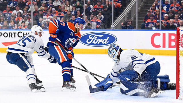 EDMONTON, CANADA - FEBRUARY 3: Anthony Stolarz #41 of the Toronto Maple Leafs makes a save against Connor McDavid #97 of the Edmonton Oilers during the first period of the game at Rogers Place on February 3, 2026, in Edmonton, Alberta, Canada.