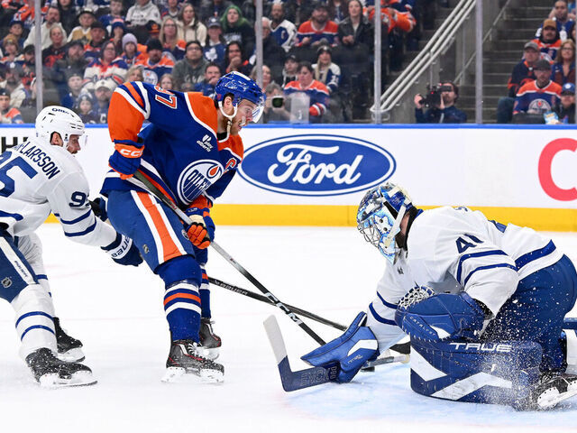 EDMONTON, CANADA - FEBRUARY 3: Anthony Stolarz #41 of the Toronto Maple Leafs makes a save against Connor McDavid #97 of the Edmonton Oilers during the first period of the game at Rogers Place on February 3, 2026, in Edmonton, Alberta, Canada.