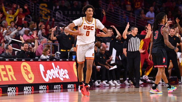 LOS ANGELES, CA - FEBRUARY 03: USC Trojans guard Alijah Arenas (0) celebrates after a three pointer during the college basketball game between the Indiana Hoosiers and the USC Trojans on February 3, 2026 at the Galen Center in Los Angeles, CA.
