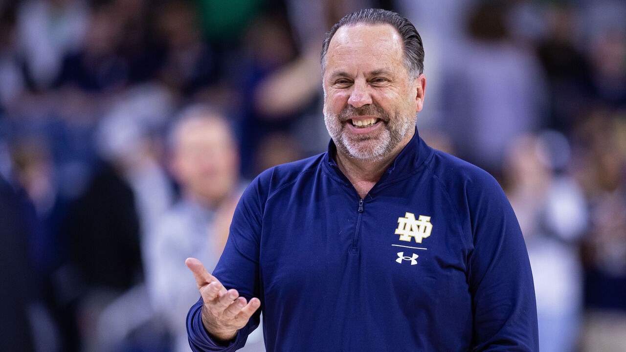 SOUTH BEND, IN - MARCH 01: Head coach Mike Brey of the Notre Dame Fighting Irish is seen during the game against the Pittsburgh Panthers at Joyce Center on March 1, 2023 in South Bend, Indiana.