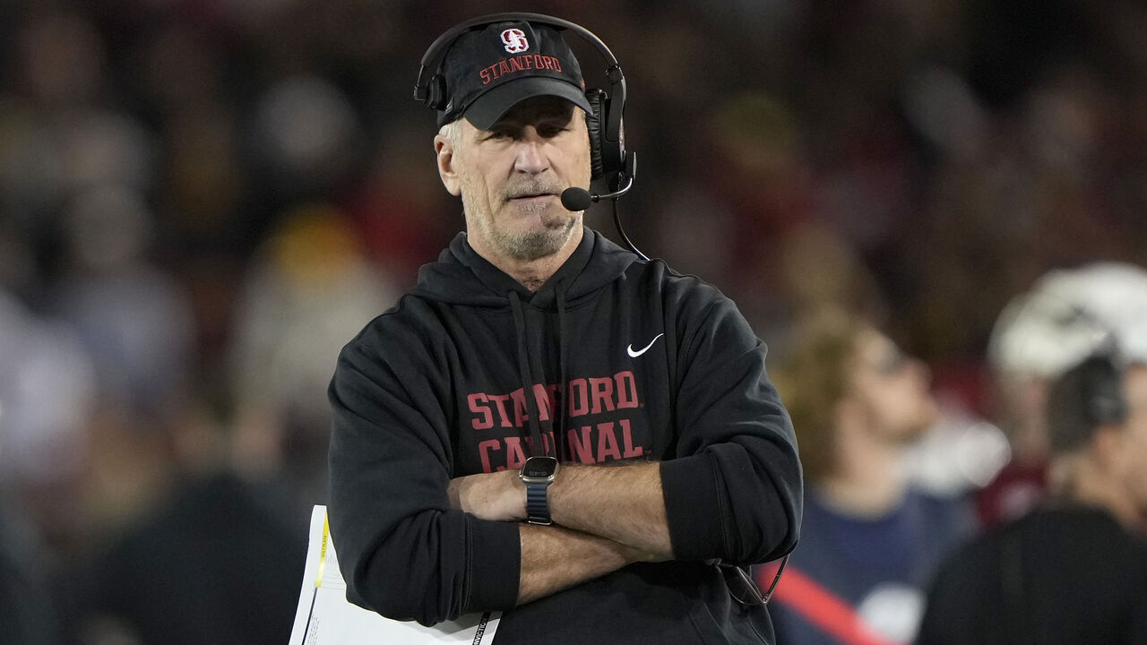 STANFORD, CALIFORNIA - NOVEMBER 22: Head coach Frank Reich of the Stanford Cardinal looks on against the California Golden Bears in the third quarter at Stanford Stadium on November 22, 2025 in Stanford, California.