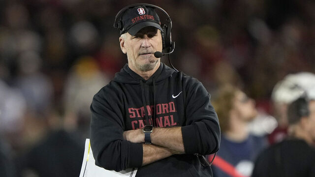 STANFORD, CALIFORNIA - NOVEMBER 22: Head coach Frank Reich of the Stanford Cardinal looks on against the California Golden Bears in the third quarter at Stanford Stadium on November 22, 2025 in Stanford, California.