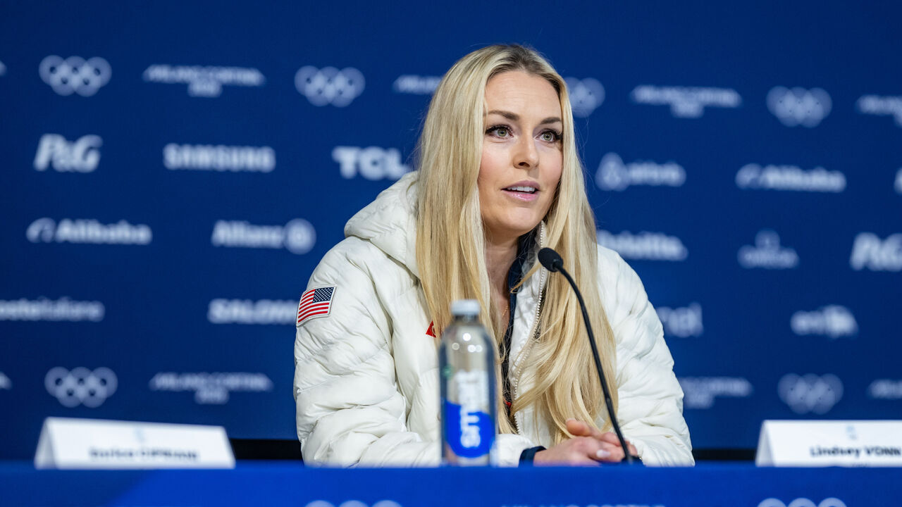 CORTINA D'AMPEZZO, ITALY - FEBRUARY 3: Lindsey Vonn of Team United States speaks during a Team United States Women's Alpine Skiing press conference at Cortina Curling Olympic Stadium on day minus three of the Milano Cortina 2026 Winter Olympic Games on February 3, 2026 in Cortina d'Ampezzo, Italy.