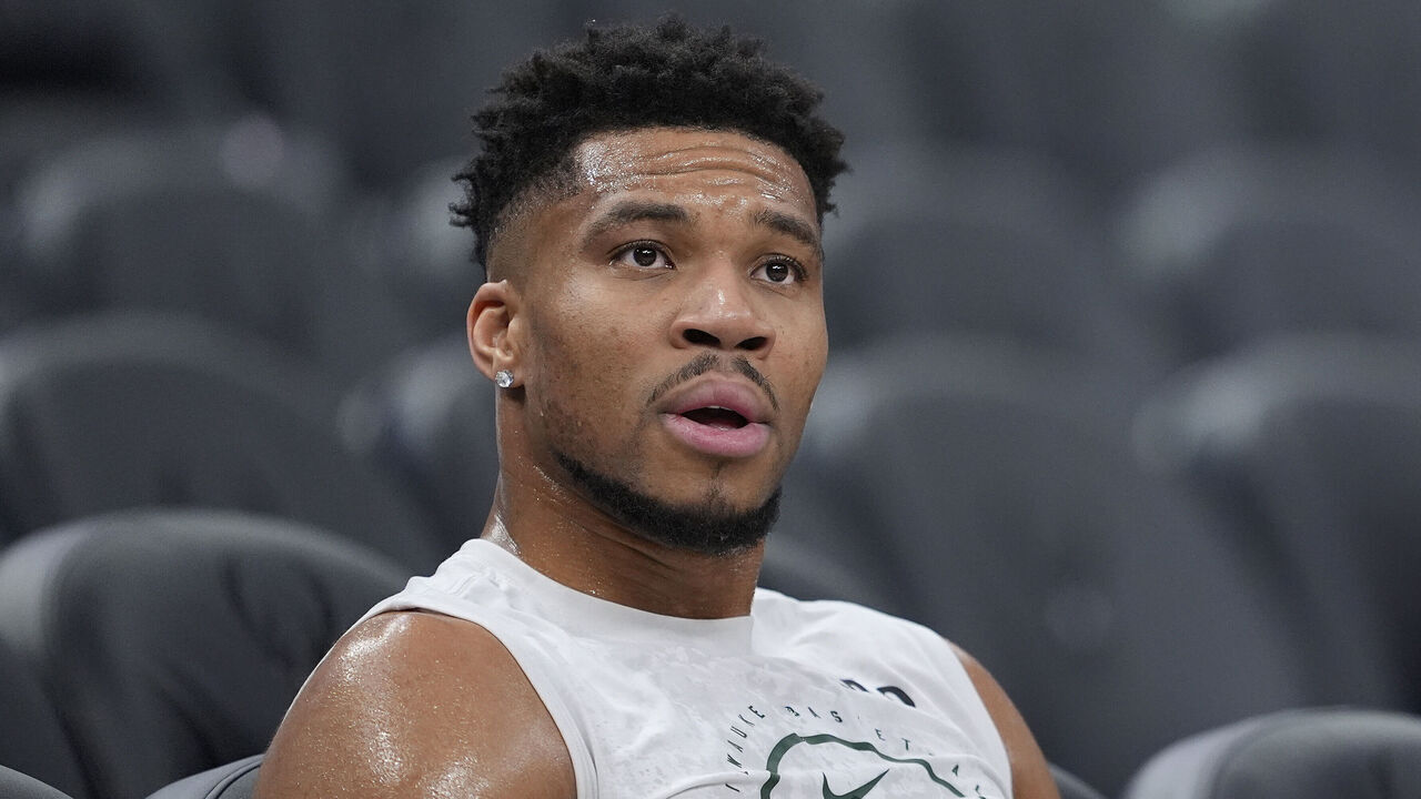 MILWAUKEE, WISCONSIN - FEBRUARY 03: Giannis Antetokounmpo #34 of the Milwaukee Bucks sits by the court before a game against the Chicago Bulls at Fiserv Forum on February 03, 2026 in Milwaukee, Wisconsin.