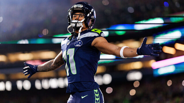 SEATTLE, WASHINGTON - JANUARY 17: Jaxon Smith-Njigba #11 of the Seattle Seahawks enters the field during player introductions prior to an NFL divisional playoff football game against the San Francisco 49ers at Lumen Field on January 17, 2026 in Seattle, Washington.