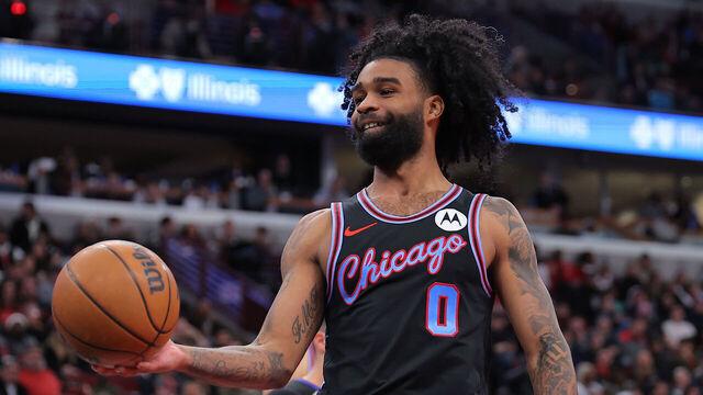 CHICAGO, IL - JANUARY 29: Coby White #0 of the Chicago Bulls looks on during the second half against the Miami Heat on January 29, 2026 at the United Center in Chicago, Illinois.