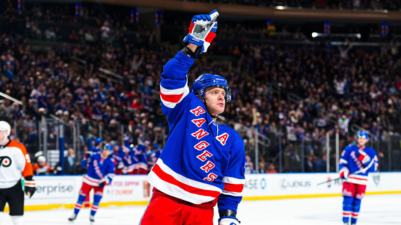 NEW YORK, NEW YORK - DECEMBER 20: Artemi Panarin #10 of the New York Rangers celebrates after scoring a goal in the first period against the Philadelphia Flyers at Madison Square Garden on December 20, 2025 in New York City.