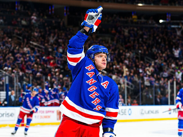 NEW YORK, NEW YORK - DECEMBER 20: Artemi Panarin #10 of the New York Rangers celebrates after scoring a goal in the first period against the Philadelphia Flyers at Madison Square Garden on December 20, 2025 in New York City.