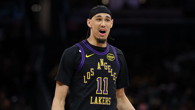 WASHINGTON, DC - JANUARY 30: Jaxson Hayes #11 of the Los Angeles Lakers reacts during the first half against the Washington Wizards at Capital One Arena on January 30, 2026 in Washington, DC.