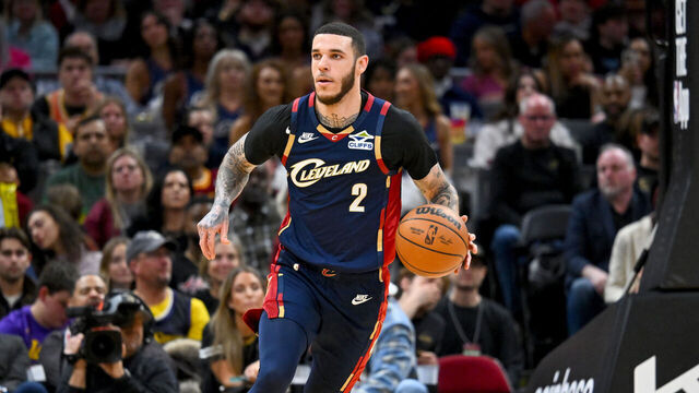 CLEVELAND, OHIO - JANUARY 28: Lonzo Ball #2 of the Cleveland Cavaliers brings the ball up court during the fourth quarter against the Los Angeles Lakers at Rocket Arena on January 28, 2026 in Cleveland, Ohio. The Cavaliers defeated the Lakers 129-99.