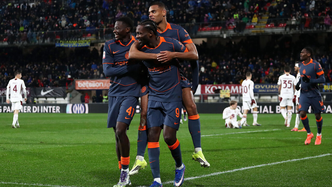 MONZA, ITALY - FEBRUARY 04: Andy Diouf of FC Internazionale Milano celebrates scoring his team's second goal with teammates Issiaka Kamate and Marcus Thuram during the Coppa Italia Quarter-Final match between FC Internazionale and Torino at U-Power Stadium on February 04, 2026 in Monza, Italy.