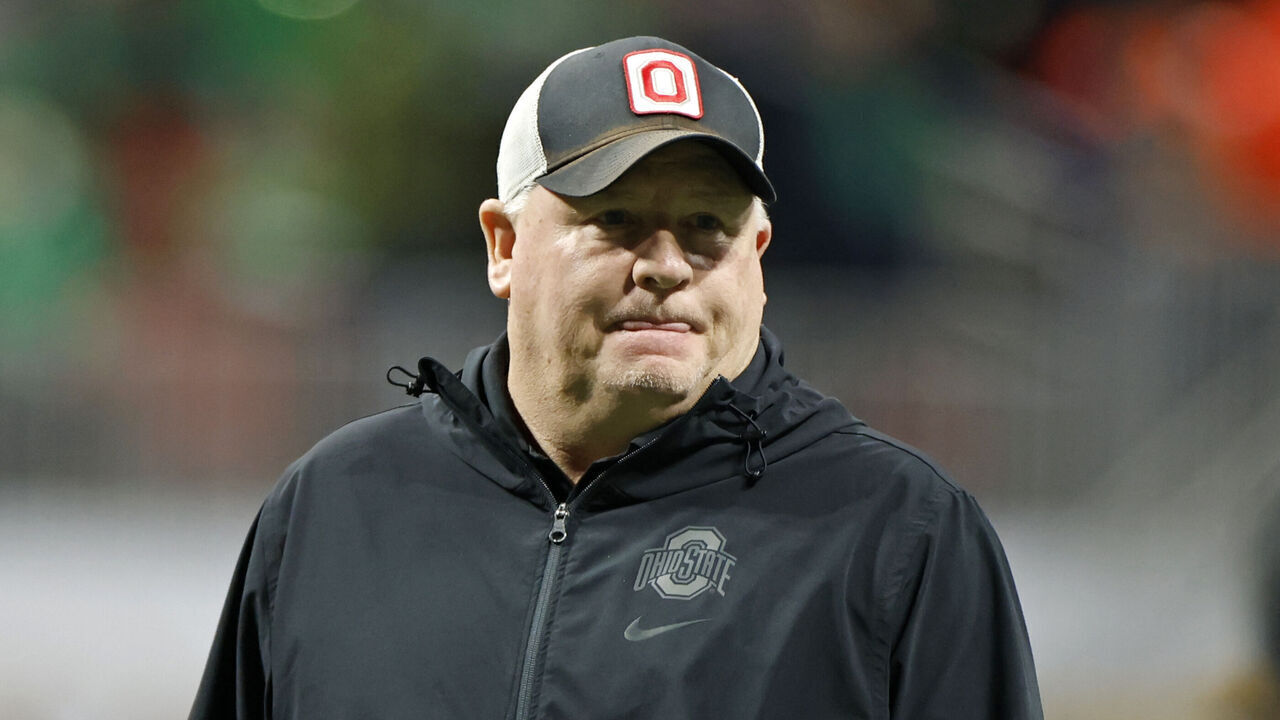 ATLANTA, GA - JANUARY 20: Ohio State Buckeyes offensive coordinator Chip Kelly looks on prior to the Ohio State Buckeyes versus Notre Dame Fighting Irish College Football Playoff National Championship game on January 20, 2025, at Mercedes-Benz Stadium in Atlanta, GA.