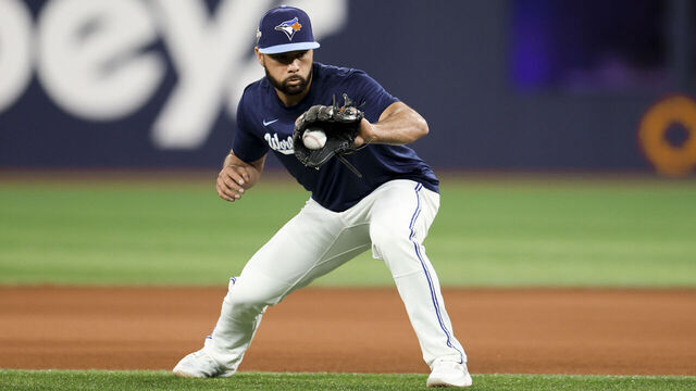 TORONTO, ON - OCTOBER 31: Isiah Kiner-Falefa #7 of the Toronto Blue Jays fields a ball during warm ups prior to Game Six of the 2025 World Series presented by Capital One between the Los Angeles Dodgers and the Toronto Blue Jays at Rogers Centre on Friday, October 31, 2025 in Toronto, Ontario, Canada.