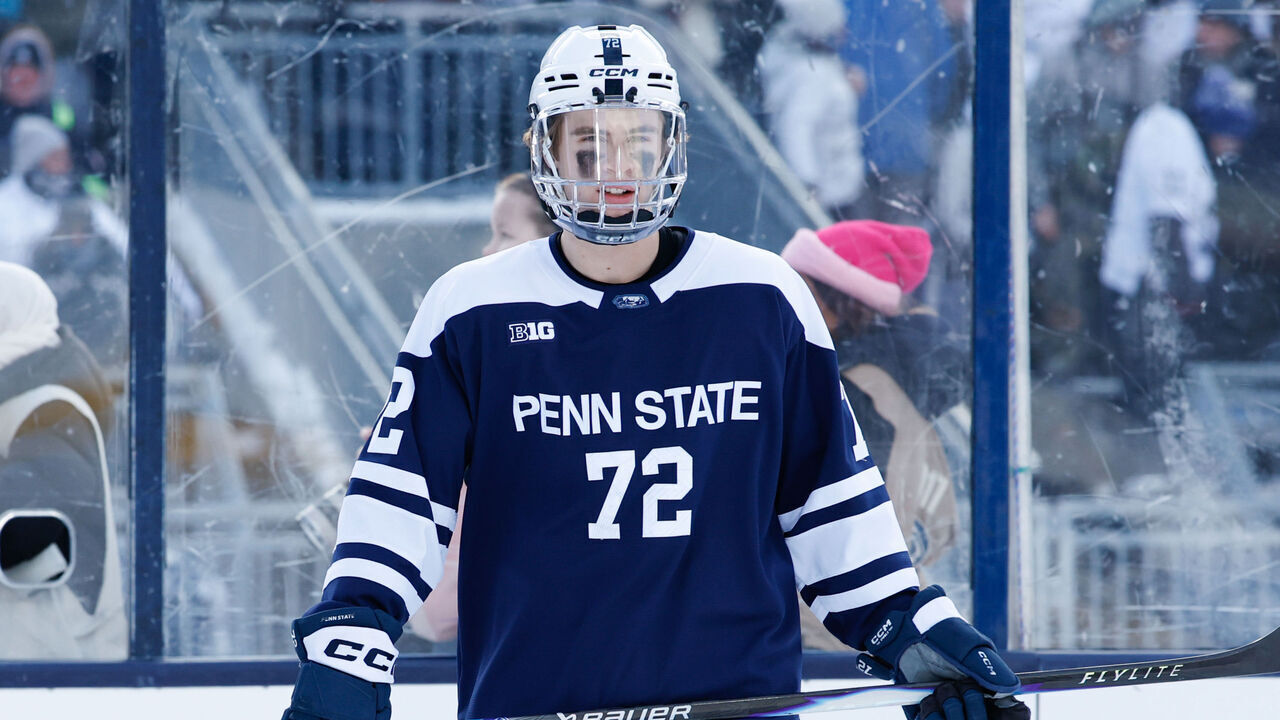 STATE COLLEGE, PENNSYLVANIA - JANUARY 31: Gavin McKenna #72 of the Penn State Nittany Lions skates against the Michigan State Spartans in the third period during NCAA men's hockey at the West Shore Home Field at Beaver Stadium on January 31, 2026 in State College, Pennsylvania. The Spartans won 5-4 in overtime.